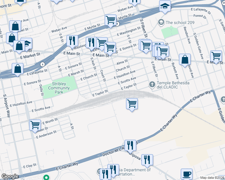 map of restaurants, bars, coffee shops, grocery stores, and more near 2259 East Taylor Street in Stockton