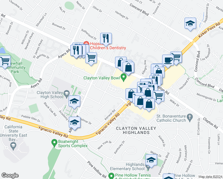 map of restaurants, bars, coffee shops, grocery stores, and more near 5273 Balhan Court in Concord