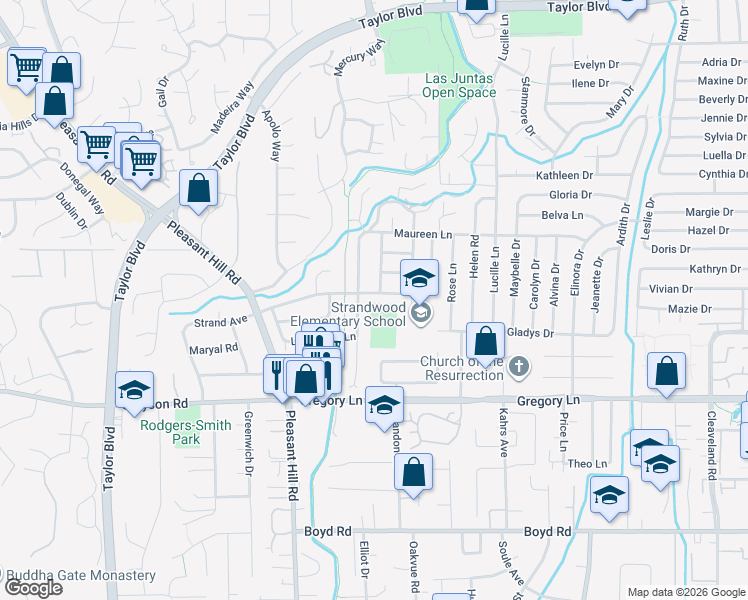 map of restaurants, bars, coffee shops, grocery stores, and more near 569 Maureen Lane in Pleasant Hill