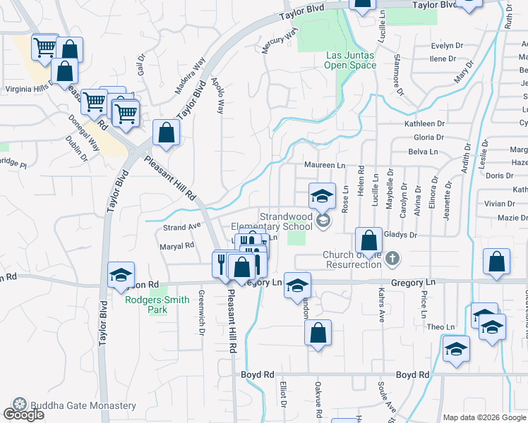 map of restaurants, bars, coffee shops, grocery stores, and more near 541 Westover Lane in Pleasant Hill