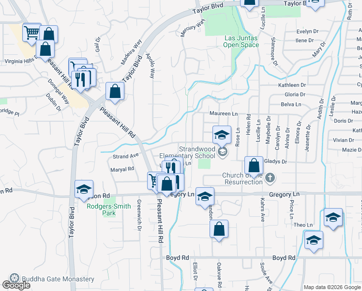 map of restaurants, bars, coffee shops, grocery stores, and more near 541 Westover Lane in Pleasant Hill