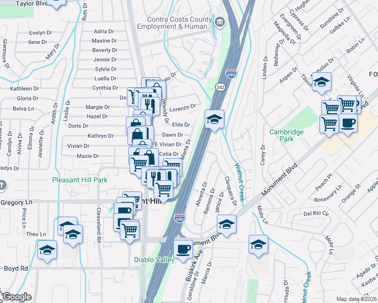 map of restaurants, bars, coffee shops, grocery stores, and more near 1951 Marta Drive in Pleasant Hill