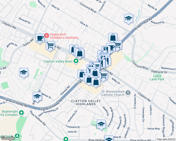 map of restaurants, bars, coffee shops, grocery stores, and more near 5388 Ygnacio Valley Road in Concord