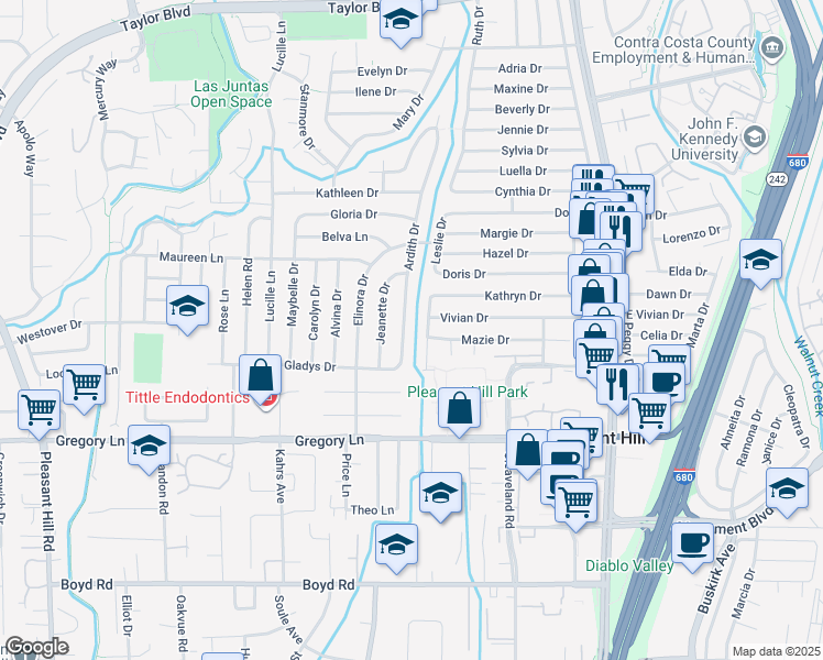 map of restaurants, bars, coffee shops, grocery stores, and more near 1961 Ardith Drive in Pleasant Hill