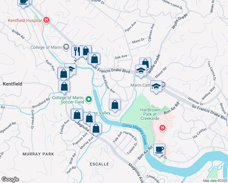 map of restaurants, bars, coffee shops, grocery stores, and more near 127 McAllister Avenue in Kentfield