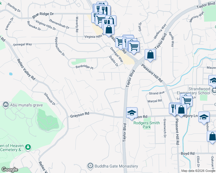 map of restaurants, bars, coffee shops, grocery stores, and more near 1025 Pleasant Oaks Drive in Pleasant Hill