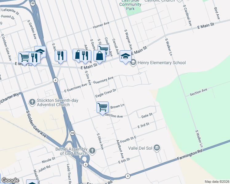 map of restaurants, bars, coffee shops, grocery stores, and more near 1333 Grey Fox Place in Stockton