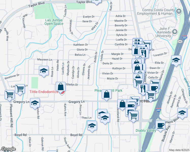 map of restaurants, bars, coffee shops, grocery stores, and more near 1961 Ardith Drive in Pleasant Hill