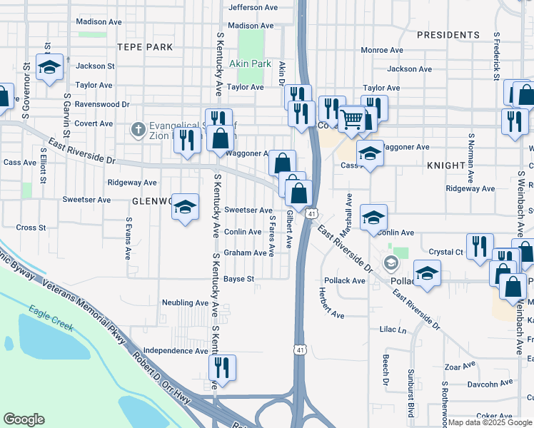 map of restaurants, bars, coffee shops, grocery stores, and more near 1801 South Fares Avenue in Evansville