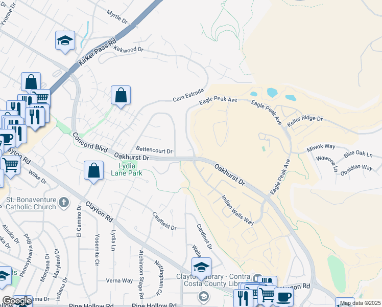 map of restaurants, bars, coffee shops, grocery stores, and more near 11 Eagle Peak Place in Clayton