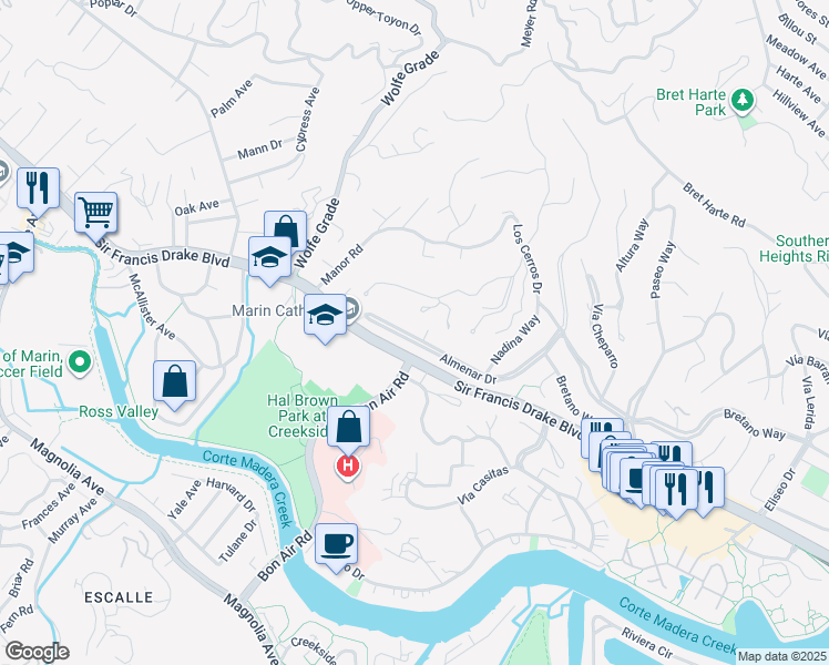 map of restaurants, bars, coffee shops, grocery stores, and more near 43 Almenar Drive in Kentfield