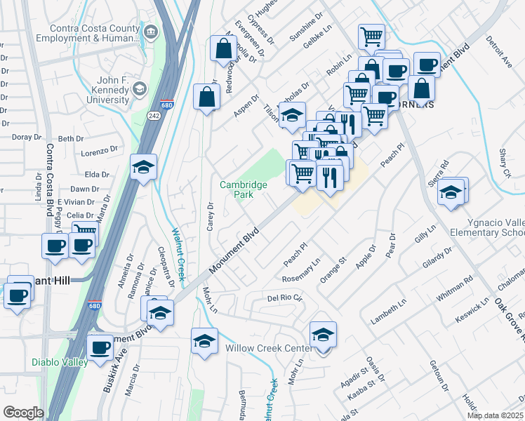 map of restaurants, bars, coffee shops, grocery stores, and more near 1100 Victory Lane in Concord
