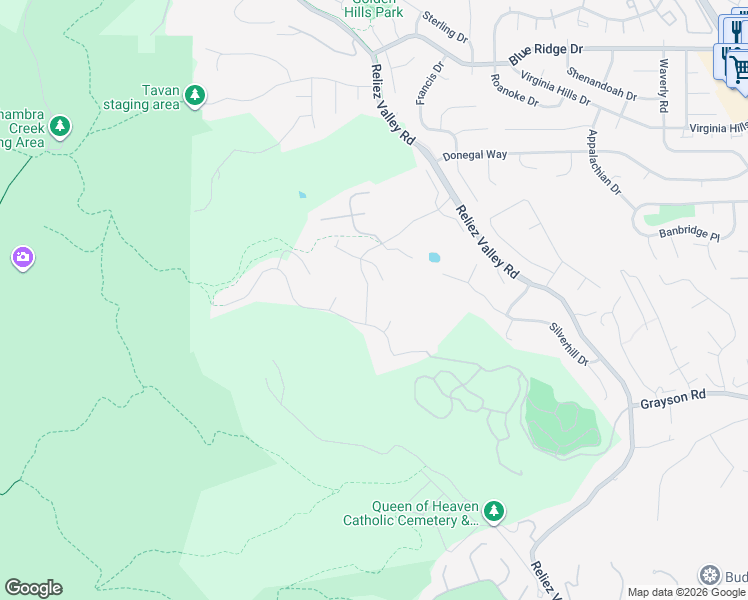 map of restaurants, bars, coffee shops, grocery stores, and more near 2199 Hidden Pond Road in Lafayette
