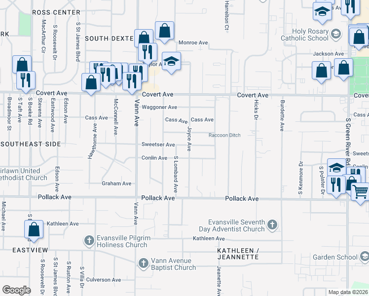 map of restaurants, bars, coffee shops, grocery stores, and more near 3513 Sweetser Avenue in Evansville