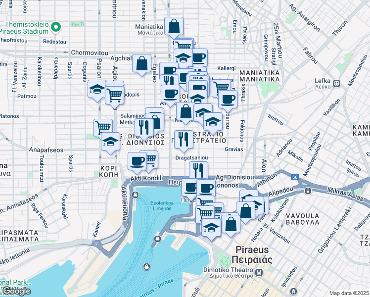 map of restaurants, bars, coffee shops, grocery stores, and more near in Pireas