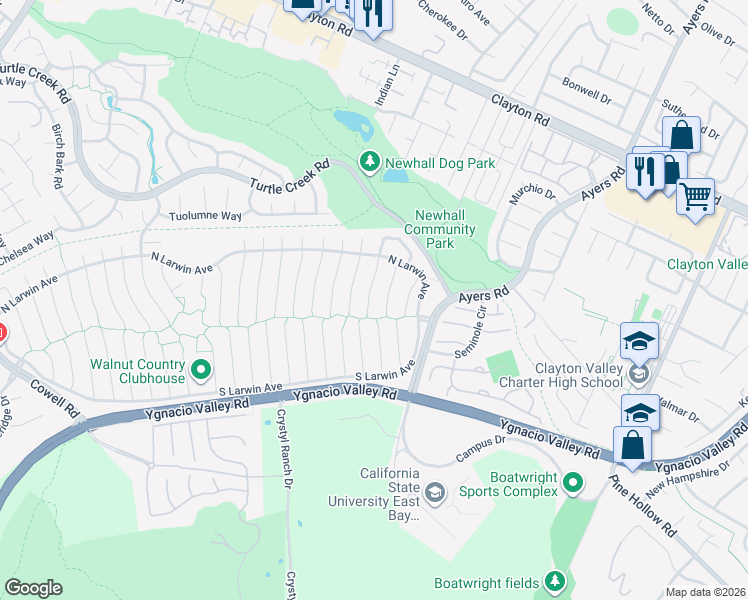 map of restaurants, bars, coffee shops, grocery stores, and more near 4417 Sugarland Court in Concord