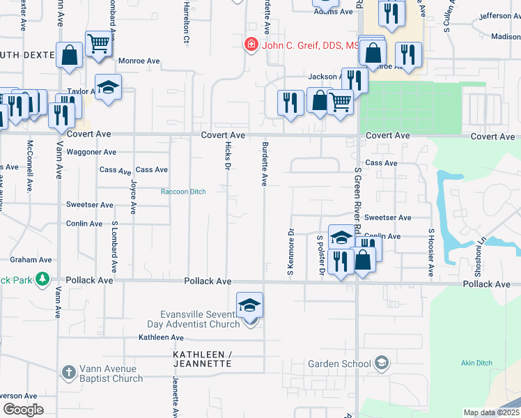 map of restaurants, bars, coffee shops, grocery stores, and more near 1803 Burdette Avenue in Evansville