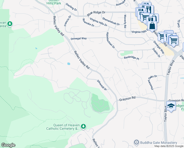 map of restaurants, bars, coffee shops, grocery stores, and more near 11 Silverhill Way in Lafayette