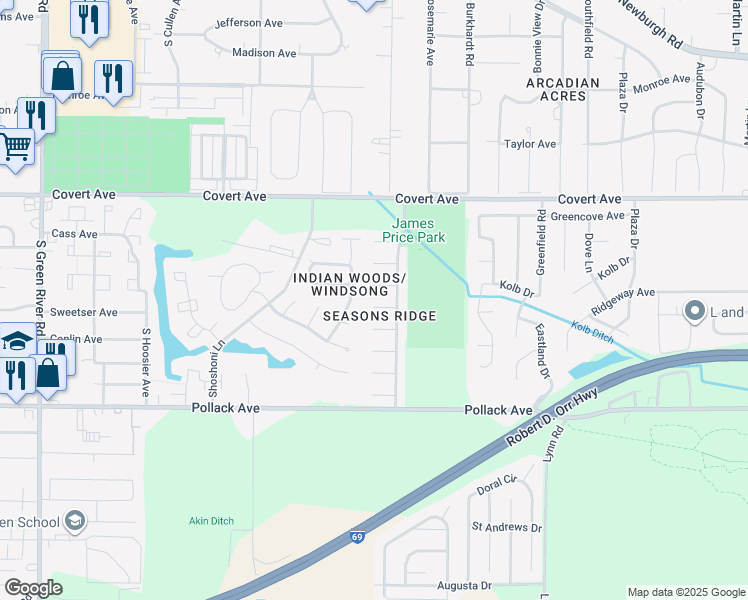 map of restaurants, bars, coffee shops, grocery stores, and more near 6020 Tradewind Cove in Evansville