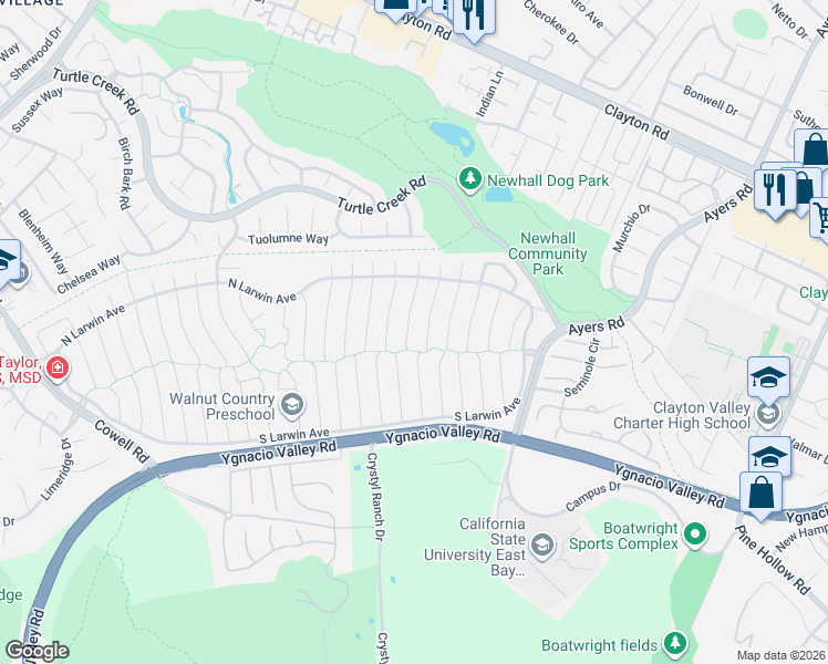 map of restaurants, bars, coffee shops, grocery stores, and more near 4417 Canoe Birch Court in Concord