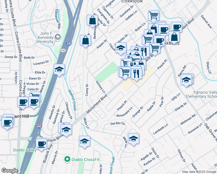map of restaurants, bars, coffee shops, grocery stores, and more near 1100 Victory Lane in Concord