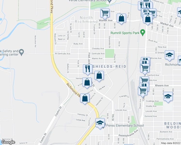 map of restaurants, bars, coffee shops, grocery stores, and more near 1243-1255 Filbert Street in Richmond
