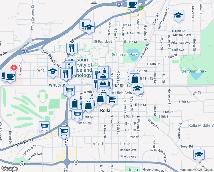 map of restaurants, bars, coffee shops, grocery stores, and more near in Rolla