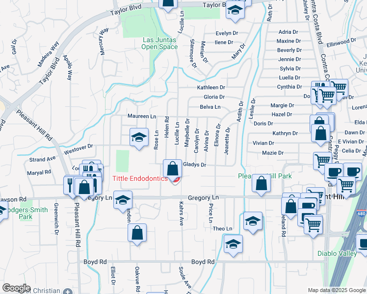 map of restaurants, bars, coffee shops, grocery stores, and more near 1960 Maybelle Drive in Pleasant Hill