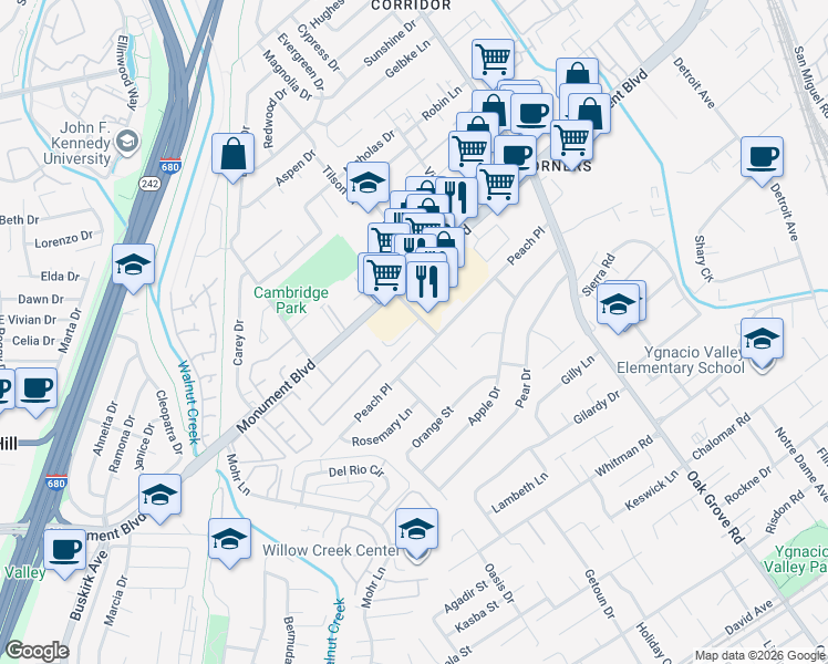 map of restaurants, bars, coffee shops, grocery stores, and more near 1500 Monument Boulevard in Concord