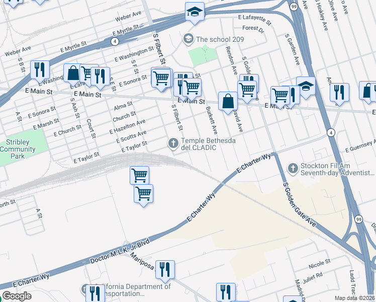 map of restaurants, bars, coffee shops, grocery stores, and more near 998 South Filbert Street in Stockton