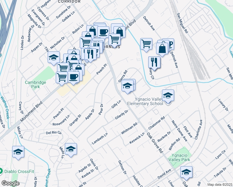 map of restaurants, bars, coffee shops, grocery stores, and more near 1971 Cameron Court in Concord
