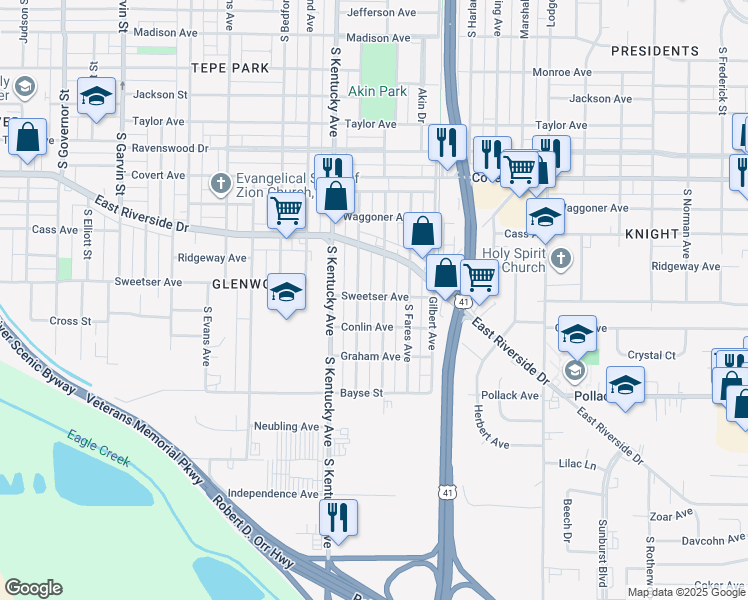 map of restaurants, bars, coffee shops, grocery stores, and more near 1801 South Kerth Avenue in Evansville