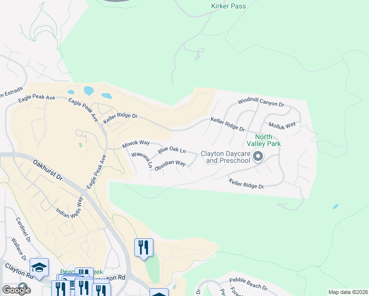 map of restaurants, bars, coffee shops, grocery stores, and more near 373 Blue Oak Lane in Clayton