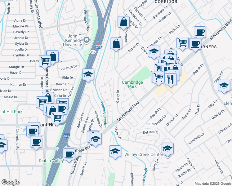 map of restaurants, bars, coffee shops, grocery stores, and more near 1135 Carey Drive in Concord