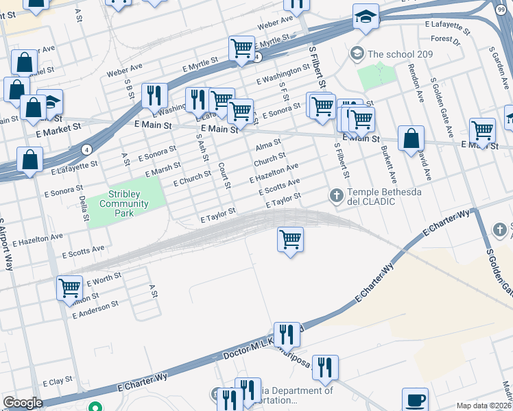 map of restaurants, bars, coffee shops, grocery stores, and more near 2259 East Taylor Street in Stockton