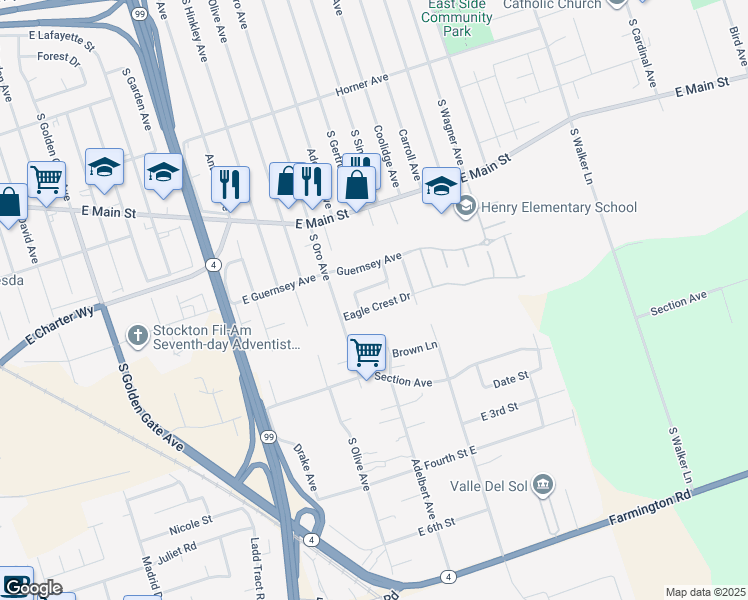 map of restaurants, bars, coffee shops, grocery stores, and more near 4191 Eagle Crest Drive in Stockton