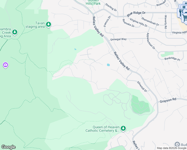 map of restaurants, bars, coffee shops, grocery stores, and more near 2199 Hidden Pond Road in Lafayette