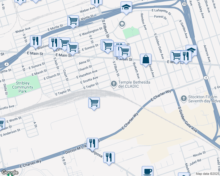 map of restaurants, bars, coffee shops, grocery stores, and more near 2436 East Worth Street in Stockton