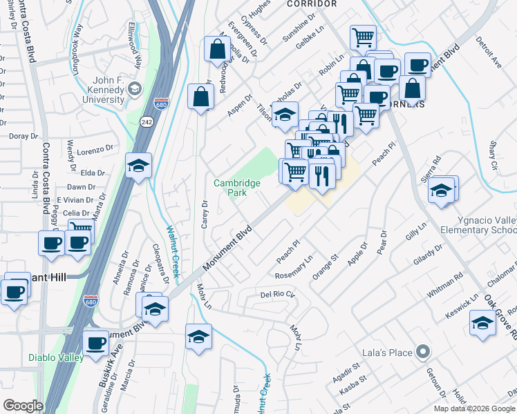 map of restaurants, bars, coffee shops, grocery stores, and more near 1391 Monument Boulevard in Concord