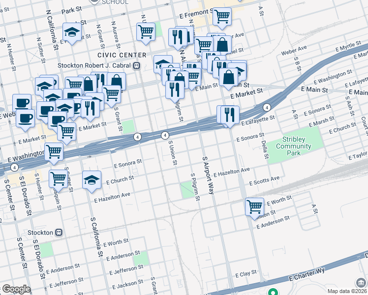map of restaurants, bars, coffee shops, grocery stores, and more near 1127 East Sonora Street in Stockton
