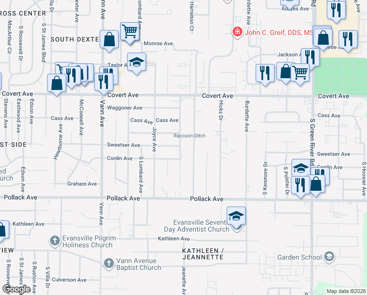 map of restaurants, bars, coffee shops, grocery stores, and more near 1800 Dalehaven Drive in Evansville
