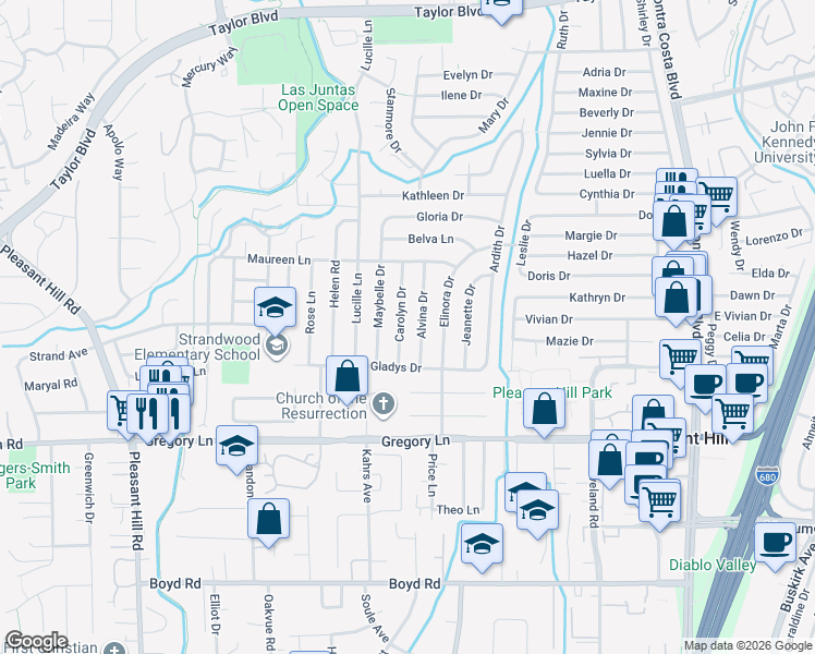 map of restaurants, bars, coffee shops, grocery stores, and more near 1961 Carolyn Drive in Pleasant Hill