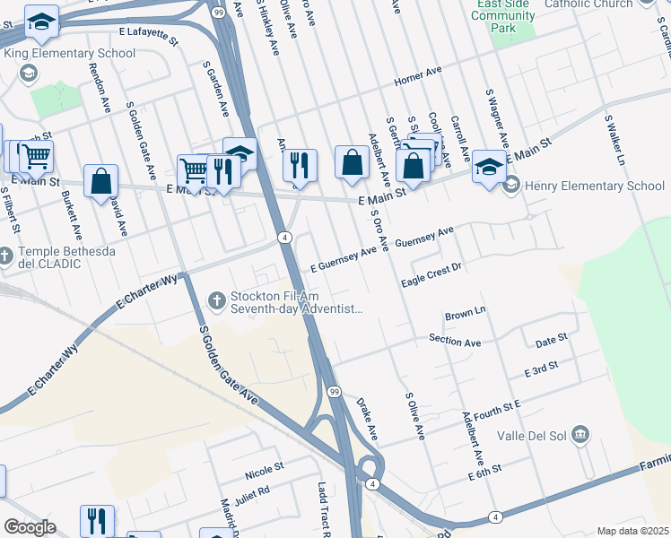 map of restaurants, bars, coffee shops, grocery stores, and more near 3820 Guernsey Avenue in Stockton