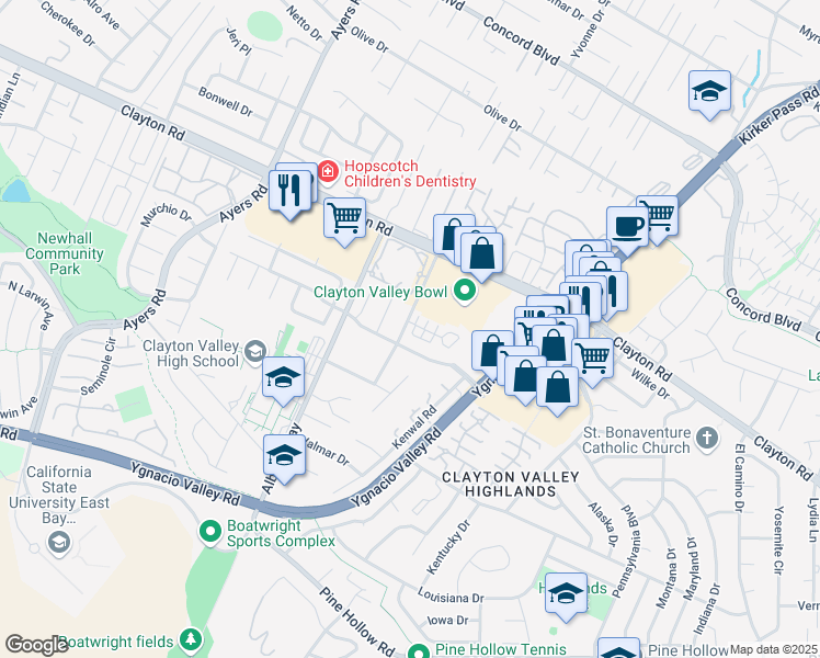 map of restaurants, bars, coffee shops, grocery stores, and more near 5273 Balhan Court in Concord