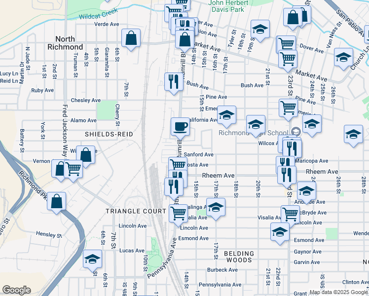 map of restaurants, bars, coffee shops, grocery stores, and more near 1312 Regina Avenue in San Pablo