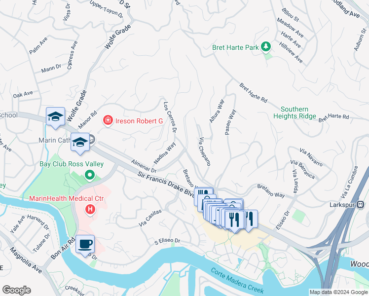 map of restaurants, bars, coffee shops, grocery stores, and more near 351 Almenar Drive in Kentfield