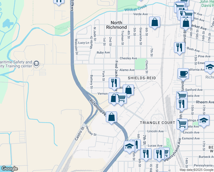 map of restaurants, bars, coffee shops, grocery stores, and more near 219 Willard Avenue in Richmond