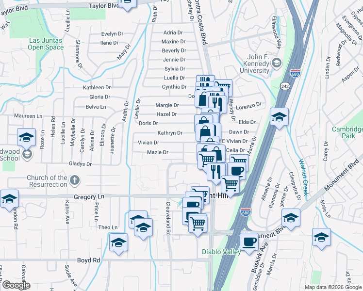 map of restaurants, bars, coffee shops, grocery stores, and more near 1954 Treadway Lane in Pleasant Hill