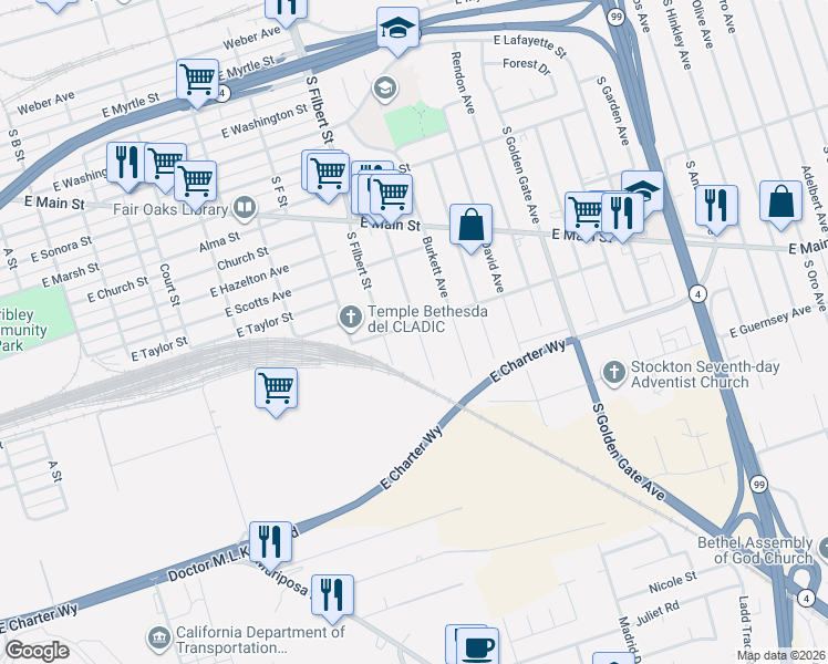 map of restaurants, bars, coffee shops, grocery stores, and more near 905 South Sullivan Avenue in Stockton