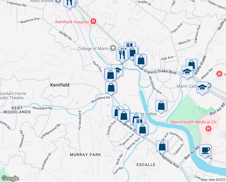 map of restaurants, bars, coffee shops, grocery stores, and more near 700 College Avenue in Kentfield